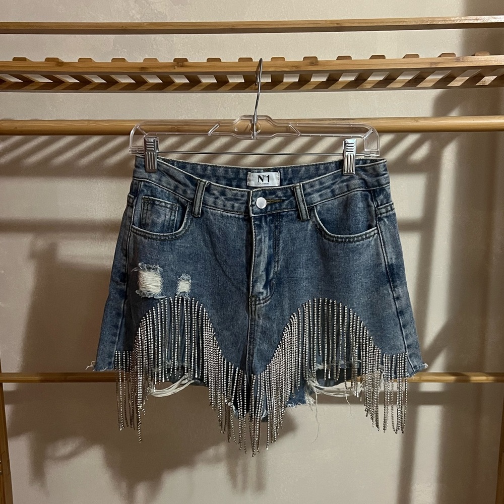 N1 Los Angeles Rhinestone Distressed Denim Shorts